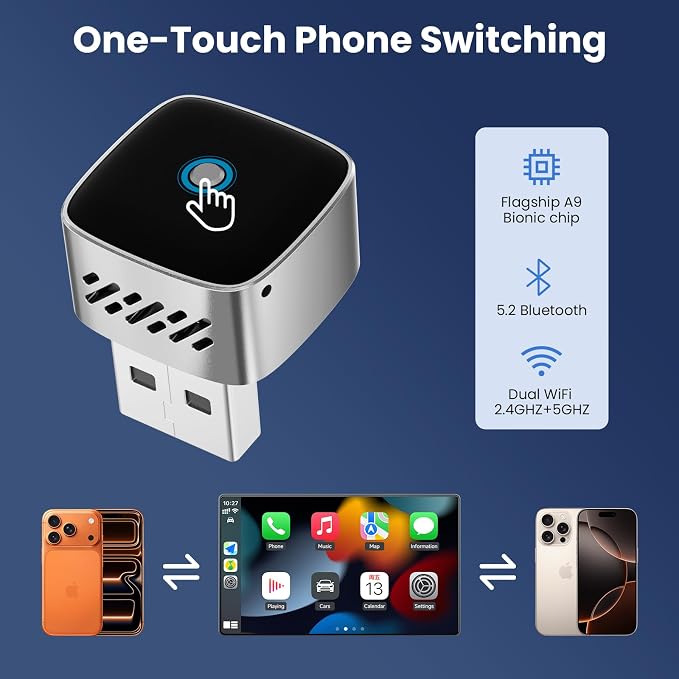 Wireless CarPlay Adapter & Android Auto Dongle, One Click Multi Device Switching Seamless Connection, Compact Size, Plug & Play Wireless CarPlay Converter for iPhone & Android, USB/USB-C, No Delay