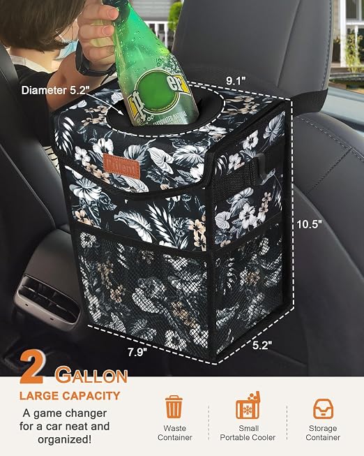 Pritent Car Trash Can with Lid, Cute Leakproof Car Trash Garbage Bag Hanging Vehicle Trash Bin Small Portable Automotive Garbage Cans Organizer for Back/Front Seat(Trapezoid,Black with Lily Print)