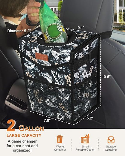 Pritent Car Trash Can with Lid, Cute Leakproof Car Trash Garbage Bag Hanging Vehicle Trash Bin Small Portable Automotive Garbage Cans Organizer for Back/Front Seat(Trapezoid,Black with Lily Print)