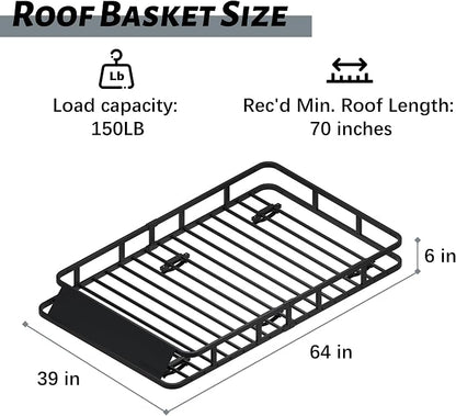 64" x 39" x 6" Cargo Roof Rack, Universal Rust-Proof Roof Basket for SUV, Heavy Duty Steel Rooftop Cargo Carrier, Car Top Luggage Holder 150LBS Capasity, Easy Assembly, Black