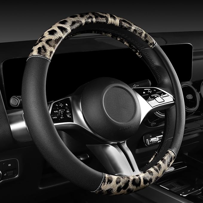 CAR PASS Leopard Print Faux Leather Car Seat Covers & Leopard Car Mats&Leopard Steering Wheel Cover Seat Belt Universal Car Accessories for SUV,Van,Saden,Truck Automobile Interior Sets(Gold Black)