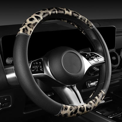 CAR PASS Leopard Print Faux Leather Car Seat Covers & Leopard Car Mats&Leopard Steering Wheel Cover Seat Belt Universal Car Accessories for SUV,Van,Saden,Truck Automobile Interior Sets(Gold Black)