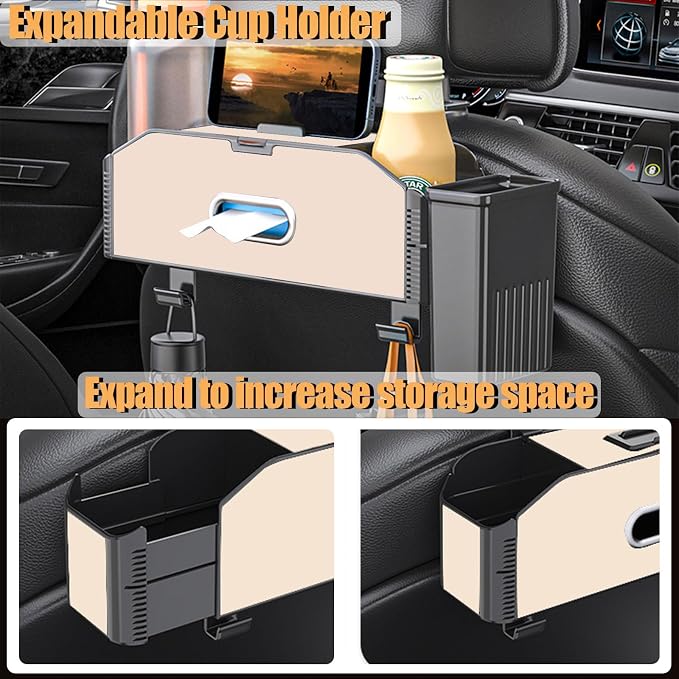 Back Seat Car Organizer,5 in 1 Multifunctional Car Back Seat Storage Box with Trash Can Drink Cup Holder Tissue Box, for Hold Phone,Snacks, Drinks, Handbag-Beige