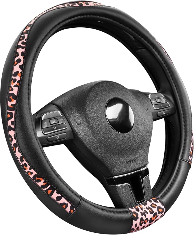Road Comforts Steering Wheel Cover - Made with PVC Leather and Leopard Fabric - Universal 14 1/2 inches to 15 inches for Most Automotive Steering Wheel - Cheetah Print - Pink Leapord