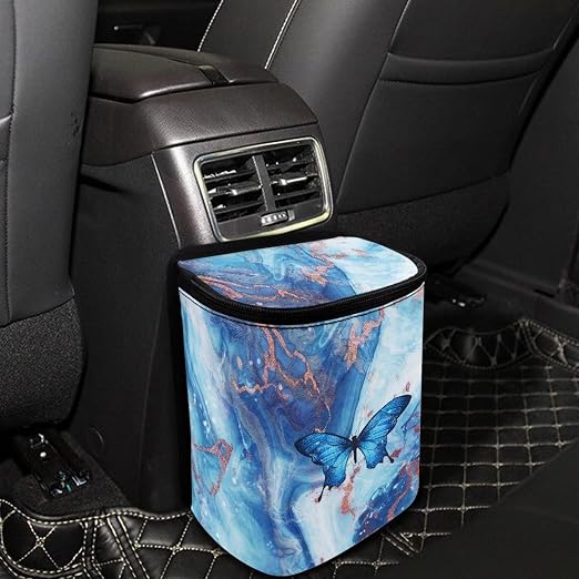Blue Butterfly Marble Print Trash Can for Car Leakproof Garbage with Lid and Zipper Trash Bin Hanging Back of Seat Auto Interior Accessories Universal Fit Most Truck SUV Van