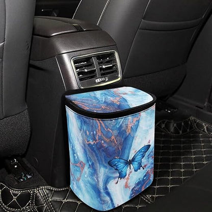 Blue Butterfly Marble Print Trash Can for Car Leakproof Garbage with Lid and Zipper Trash Bin Hanging Back of Seat Auto Interior Accessories Universal Fit Most Truck SUV Van