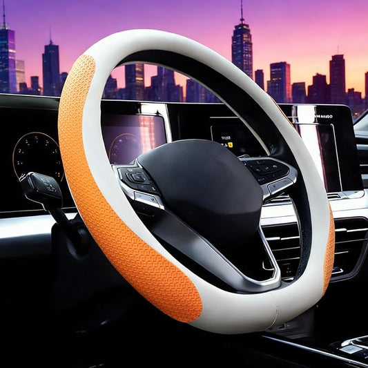 Car Leather Steering Wheel Cover, Genuine Embossed Leather with Anti-Slip Lining, Universal 15 Inch, Fits SUVs, Vans, Sedans, Trucks, Orange