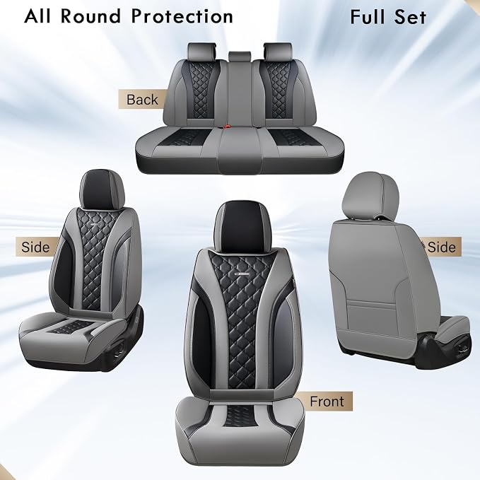 Coverado Car Seat Covers, Seat Covers Full Set, Gray and Black Car Seat Cover, Perforated Diamond Leather Seat Covers for Cars, Luxury Car Seat Cushion, Auto Seat Covers Universal Fit Most Cars