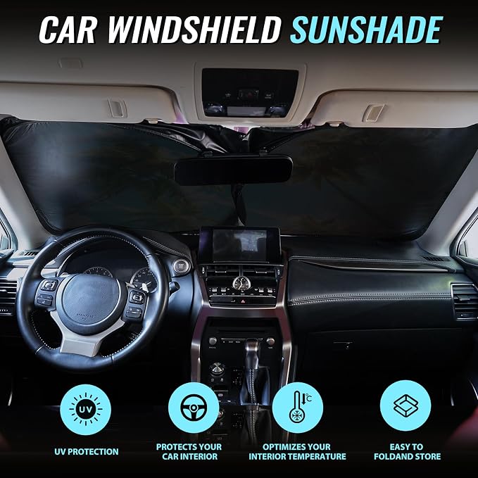 Avisky Windshield Sun Shade for Cars, Trucks & SUVs, Polyester Front Window Sunshade to Block UV Rays & Heat, Foldable Auto Front Windshield Cover, 57“x31”