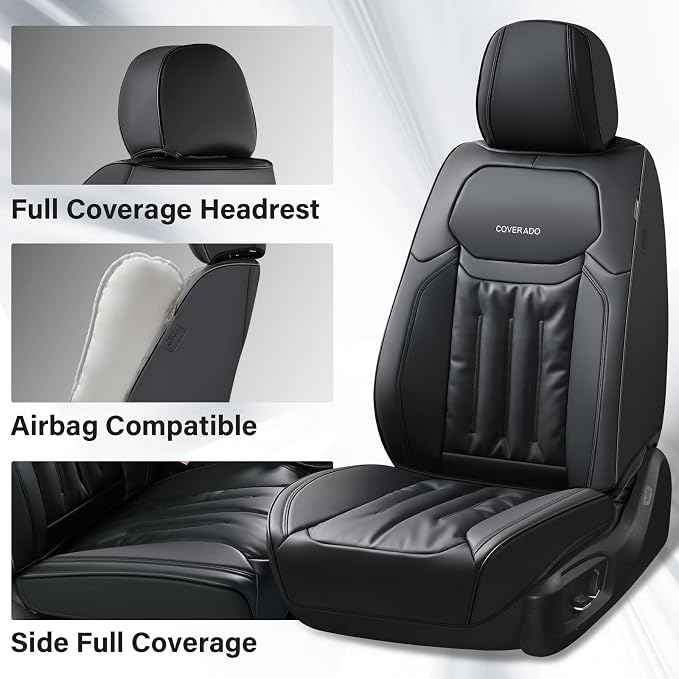 Coverado Front Seat Covers, Luxury Faux Leather Car Seat Protector, Waterproof Seat Covers Seat Cushion, Black Automotive Seat Covers Universal Fit for Most Cars