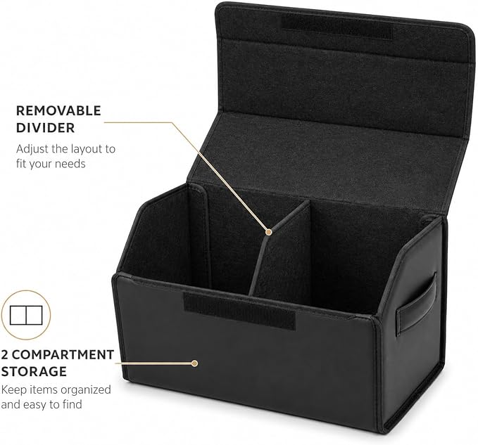 Car Trunk Organizer, Foldable Cargo Storage Box with Hook-and-Loop Lid, Suede & Faux Leather Trunk Organizer for SUV Sedan Truck, Adjustable Divider, Handles, Black, 19.7inches