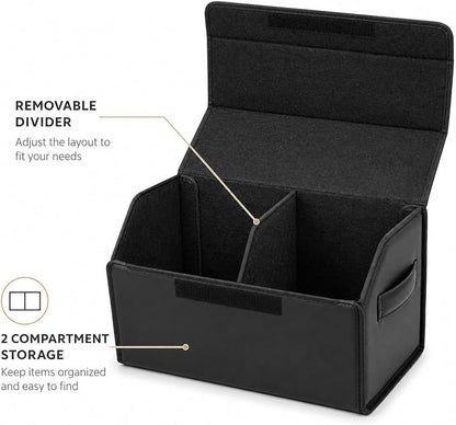Car Trunk Organizer, Foldable Cargo Storage Box with Hook-and-Loop Lid, Suede & Faux Leather Trunk Organizer for SUV Sedan Truck, Adjustable Divider, Handles, Black, 19.7inches
