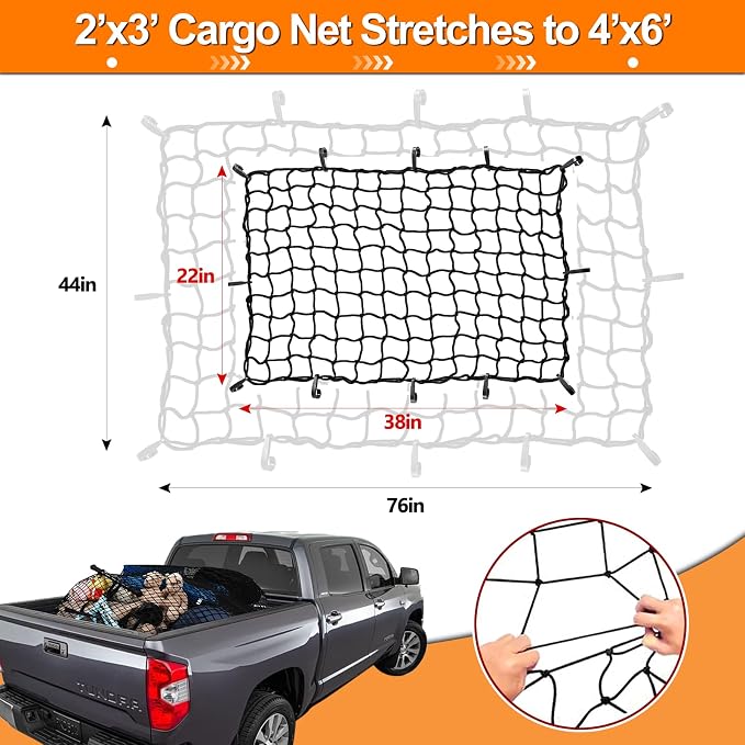 2’x3’ Bungee Cargo Net Stretches to 4'x6' for Truck Bed,Pickup Bed,Trailer,Motorcycle and Bike with 6 Adjustable Hooks Heavy Duty 5mm 2”x2” Mesh Holds Small and Large Loads by Cenipar