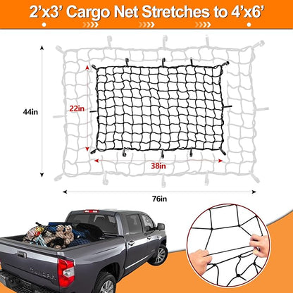 2’x3’ Bungee Cargo Net Stretches to 4'x6' for Truck Bed,Pickup Bed,Trailer,Motorcycle and Bike with 6 Adjustable Hooks Heavy Duty 5mm 2”x2” Mesh Holds Small and Large Loads by Cenipar