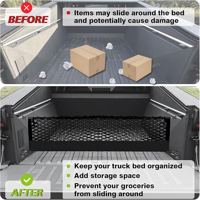 Muslogy Truck Bed Cargo Net Trunk Netting Compatible with Tesla Cybertruck 2024 2025 2026 Accessories, Pickup Cargo Organizer SUV Sedan Storage Net w/Heavy Duty Carabiners