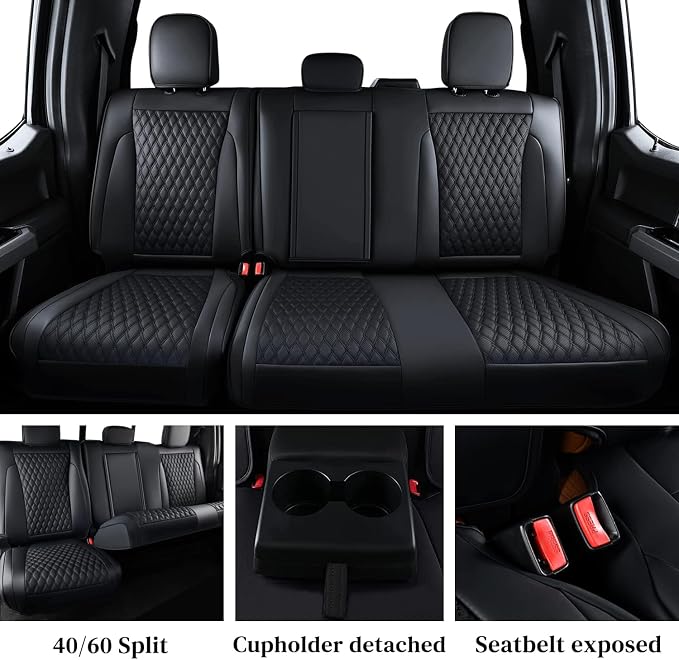 Coverado Full Set F150 Seat Covers, Waterproof Faux Leather Full Coverage Protector for 2015-2026 Ford F150 & 2017-2026 F250 F350 F450 Crew Cab, Black Truck Interior Car Seat Cushion Covers
