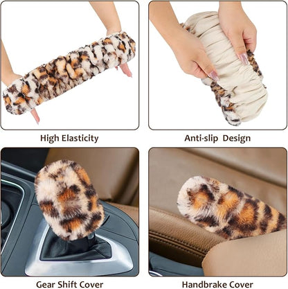 Accmor Fluffy Car Steering Wheel Cover, Universal Fuzzy Wheel Cover 14 1/2-15 & Handbrake Cover & Gear Shift Cover Set, Anti-Slip Leopard Warm Fur Vehicle Wheel Protector Car Accessories for Men Women