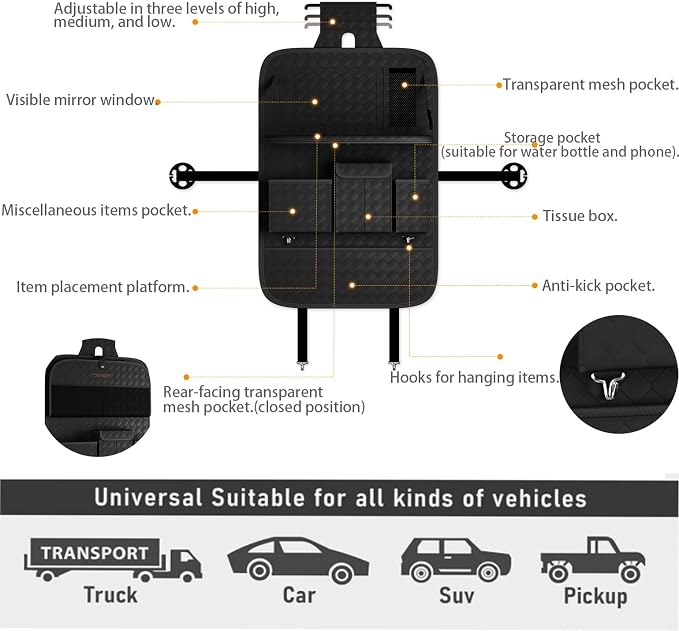 XDV Car Seat Organizers,Multi-functional Back Seat Protectors, Storage Pouches, and Tray Holders (for Cars, Kids, Seat Back and Rear Seats) (Woven Black, 1 Pcs)