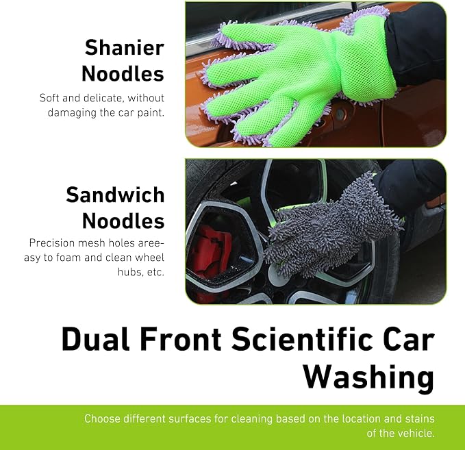 2 PCS Car Wash Mitts, 5-Finger Microfiber Scratch-Free Cleaning Gloves, Double-Sided Coral Velvet Car Interior Exterior Wash Gloves, Universal Cleaning Tool for Cars Families (Gray&Green)