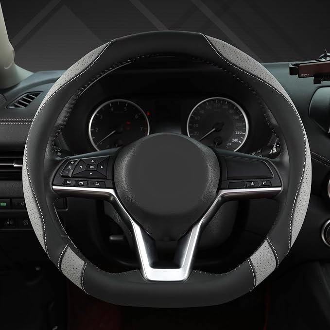 West Llama Flat Bottom Car Steering Wheel Cover for Nissan,D Shaped Steering Wheel Cover for Rogue,Altima,Kicks (Black+Gray-Standard Size)