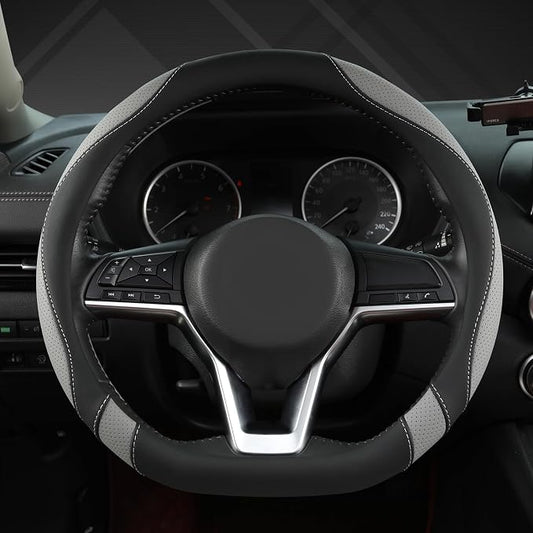 West Llama Flat Bottom Car Steering Wheel Cover for Nissan,D Shaped Steering Wheel Cover for Rogue,Altima,Kicks (Black+Gray-Standard Size)