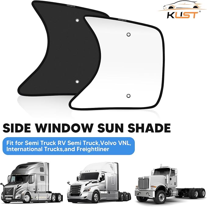 KUST 2PCS 23.6''×21.6'' Side Window Shades for Semi Truck - Freightliner Cascadia, International Trucks, Volvo VNL/VNR - Silver & Black Window Shades- Semi Truck Accessories for All Season
