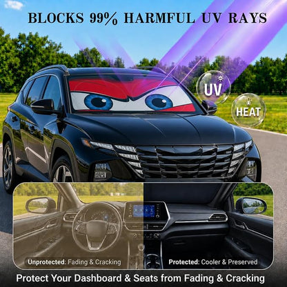 Car Windshield Sun Shade, Red Angry Eyes Car Sun Shade, Windshield Cover Universal Fits Mid-Large Sedan SUV Crossover Family Vehicle, UV Heat Protection - 63 x 31.5