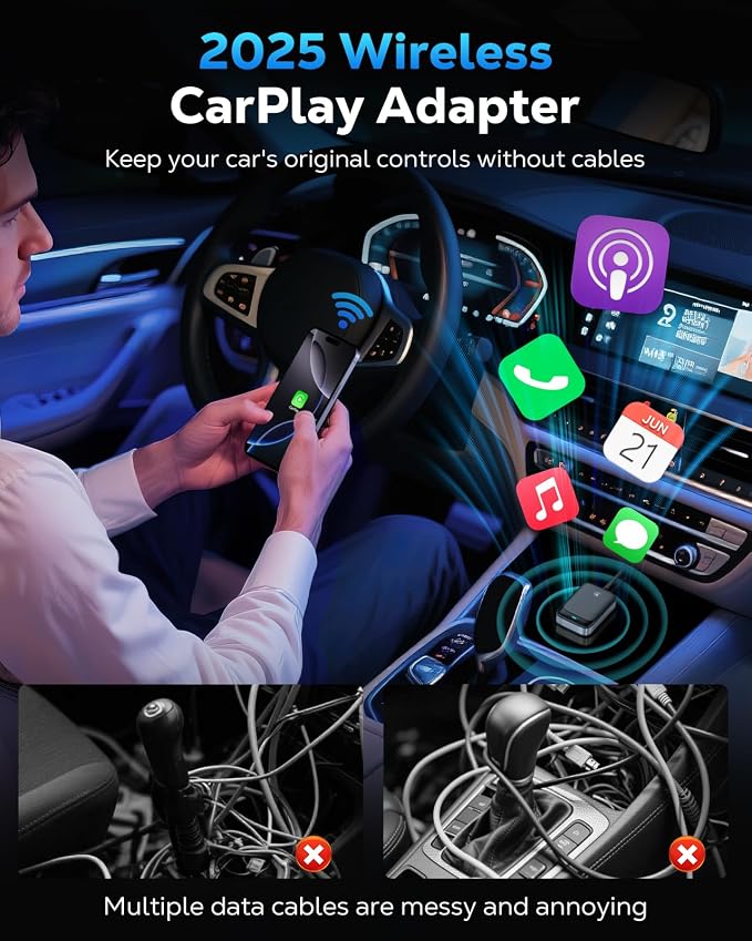 MoKo Wireless CarPlay Adapter for iPhone 2025, Only for iPhone iOS 10+ and Cars with Built-in Car Play, Converts Wired Car Play to Wireless Dongle,Plug and Play Fast Response Bluetooth CarPlay Adaptor