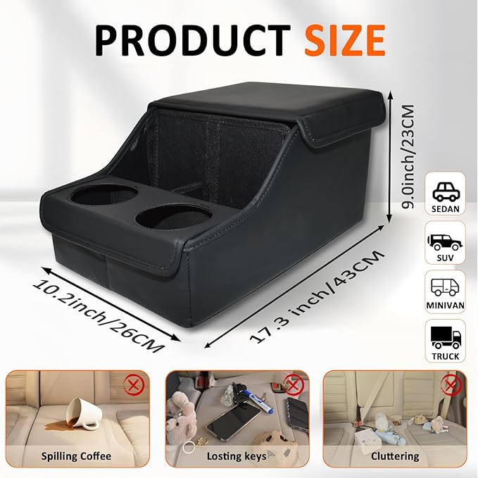 Backseat Car Organizer, Middle Seat Organizer With 4 Storage Compartments 2 Cup Holders, Back Seat Center Hand Rest Toy Storage for Toddler Kids Family Travel Roadtrip Essentials for SUV Truck Van