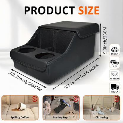 Backseat Car Organizer, Middle Seat Organizer With 4 Storage Compartments 2 Cup Holders, Back Seat Center Hand Rest Toy Storage for Toddler Kids Family Travel Roadtrip Essentials for SUV Truck Van