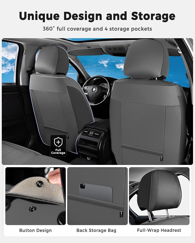 Huidasource Gray Front Seat Covers, Luxury Faux Leather Front Car Seat Covers, Compatible with Airbags Seatbelt Buckles, Perforation, Cooling＆Heating, Universal Fit for Most Cars Vans Trucks SUVs Gray
