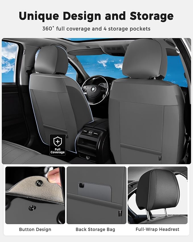 Huidasource Gray Seat Covers, Luxury Faux Leather Car Seat Cover, Velcro Adjustable, with Airbags, Seat Belts, Thinning Design Perforation Cooling＆Heating, Fit for Most Cars, Vans, Trucks, SUVs, Gray