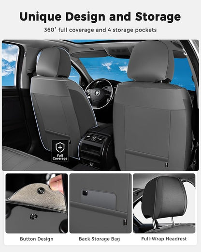 Huidasource Gray Seat Covers, Luxury Faux Leather Car Seat Cover, Velcro Adjustable, with Airbags, Seat Belts, Thinning Design Perforation Cooling＆Heating, Fit for Most Cars, Vans, Trucks, SUVs, Gray