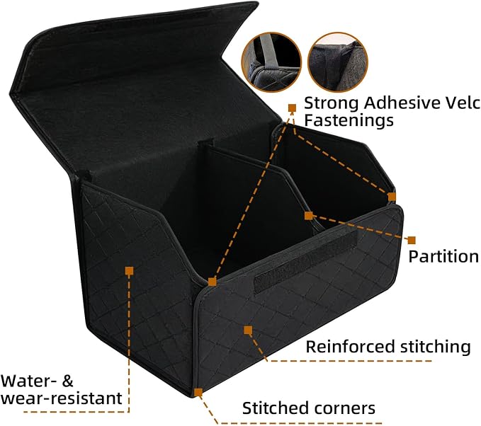 Leather Car Trunk Organizer with Lid,65L Foldable Storage Box for Universal Cars, SUVs, Sedans and MPVs, Removable Divider, Carry Handles, Black