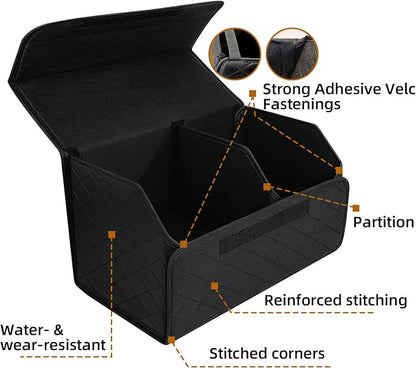 Leather Car Trunk Organizer with Lid,65L Foldable Storage Box for Universal Cars, SUVs, Sedans and MPVs, Removable Divider, Carry Handles, Black