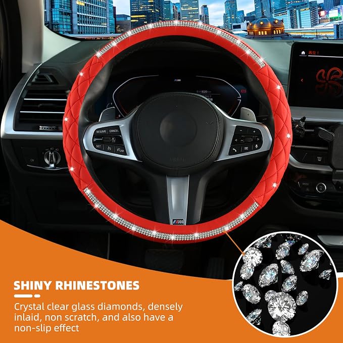 Diamond Steering Wheel Cover，with Bling Crystal Rhinestone, Delicate and Anti-Slip Sparkly Steering Wheel Cover ，Adaptable to 14.5-15 inches Car Wheel Protector for Women Girl，Car Accessories, Red