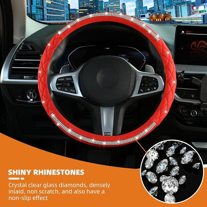 Diamond Steering Wheel Cover，with Bling Crystal Rhinestone, Delicate and Anti-Slip Sparkly Steering Wheel Cover ，Adaptable to 14.5-15 inches Car Wheel Protector for Women Girl，Car Accessories, Red