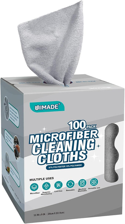 UNIMADE Microfiber Cleaning Cloth, 100 Sheets Microfiber Towels for Cars Commercial Grade Washcloths Lint-Free Bulk Shop Towel Cleaning Rags for Household Restaurant Garage Housekeeping, 11"x 9", Grey