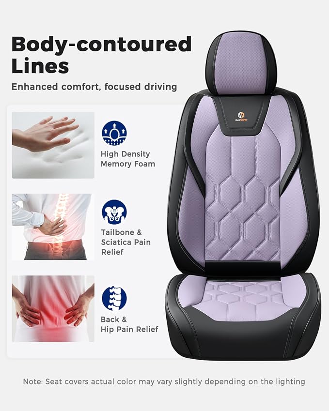 Huidasource Seat Covers Full Set, Universal Fit for Most Cars SUVs Trucks, Full Coverage Leather Seat Cover, Airbag, Cupholder Compatible, Seat Function Retain, Easy Install with Velcro, Black&Purple