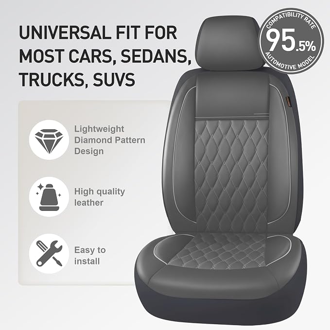 CAROMOP Faux Leather Car Seat Covers 2 Front Set,Luxury and Comfortable Seat Covers for Cars, Airbag Compatible Car Interior Covers, Universal Fit for Suvs,Vans,Trucks(Grey)