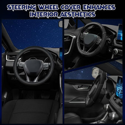Soft Leather Steering Wheel Cover with Breathable Design and Anti-Slip Grip, Fully Compatible with Tesla, Toyota, Honda, Nissan 14.5-15.2 inch Round Steering Wheel（Sedans and SUVs）