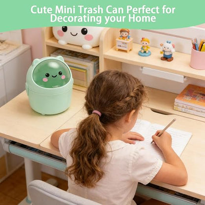 Mini Trash Can, Cute Small Trash Can with Lid, Desktop Paper Bin with 5 Rolls of Bin Liners, Portable Tabletop Dustbin, Cartoon Animal Rubbish Storage for Office Bedroom Desk Kitchen(Green)