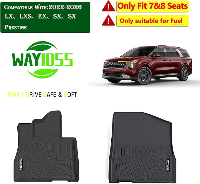 Front Floor Mats for KIA Carnival Gas 2026 2025 2024 2023 2022 (Not Hybrid) TPE All Weather Rubber Liners Waterproof Odorless Anti-Slip Car Front Liners - Fit LX、LXS、EX、SX、SX Prestige for Carnival
