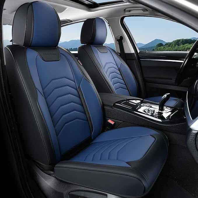 Coverado Leather Seat Covers, Car Seat Covers Front Seats, Waterproof Seat Covers for Cars, Faux Leather Automotive Seat Covers Universal Seat Covers Protector Fit for Most Cars Trucks SUV, Black&Blue