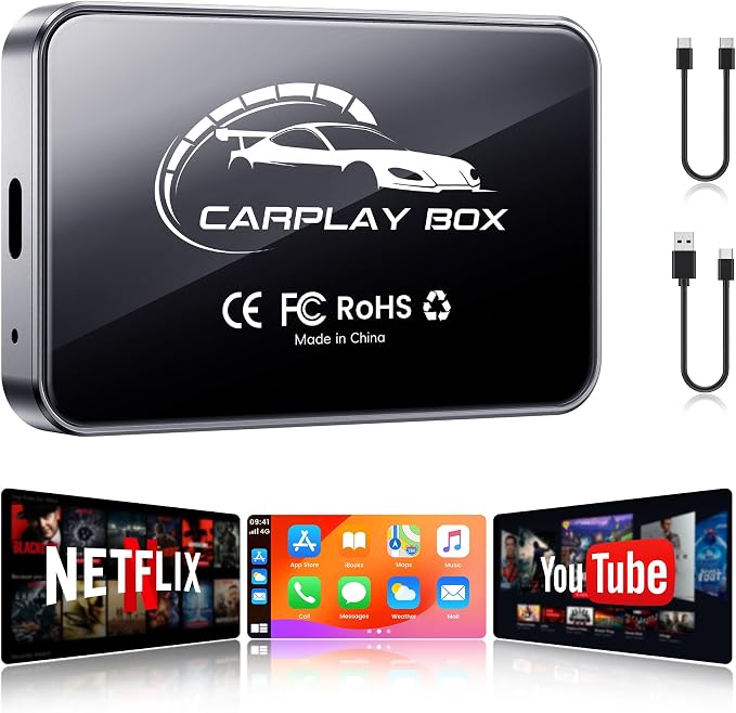 AI Box CarPlay, 3-in-1 Wireless CarPlay Adapter & Android Auto for OEM Wired Cars, Built-in Netflix/YouTube for Streaming, 5.8GHz WiFi, Convert Wired to Wireless, Plug & Play （4GB RAM+32GB ROM）