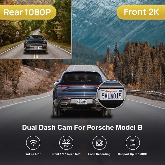 Fitcamx Front 2K+ Rear 1080P Dash Cam Suitable for Porsche Cayenne 958 92A E2 Macan 95B Panamera 970 (Model B), OEM Style, Dual HD Video, WiFi & APP, Loop Recording, G-Sensor, 64GB Card