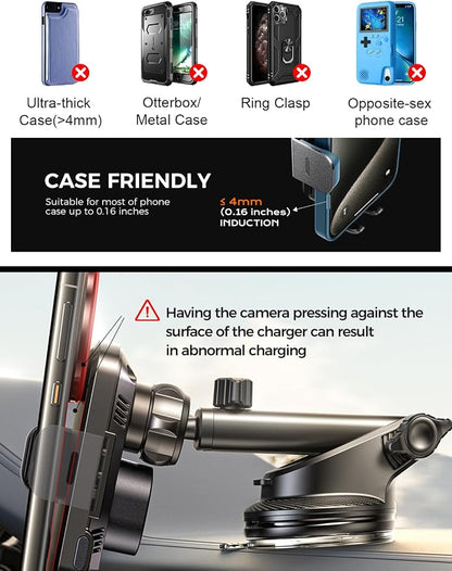 Wireless Car Charger with Phone Holder Mount, 15W Fast Charging Auto Clamping Phone Holders for You Car Windshield Dashboard Air Vent Accessories for iPhone, Samsung Galaxy, Google, etc