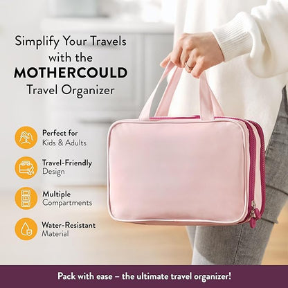 Kids Travel Organizer – Multi-Compartment, Water-Resistant Hanging Bag for Toys, Snacks, & Activities - Compact, Lightweight Design with Hook & Carry Handle - Perfect for Travel Use (Pink, Small)