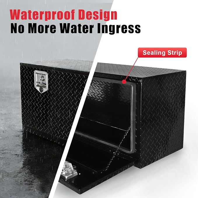 FORWODE 36x17x18 Inch Underbody Truck Tool Box Aluminum Trailer Tool Box with Lock & Foldable T-Handle Waterproof Truck Storage Box for Pickup Truck, Trailer, RV, ATV, Indoor（BLACK）