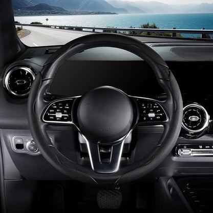 Nappa Leather Car Steering Wheel Cover for Men Women, Ultra-Thin Non-Slip Breathable Microfibre, Universal for 14.5"-15" Steering Wheel - Black